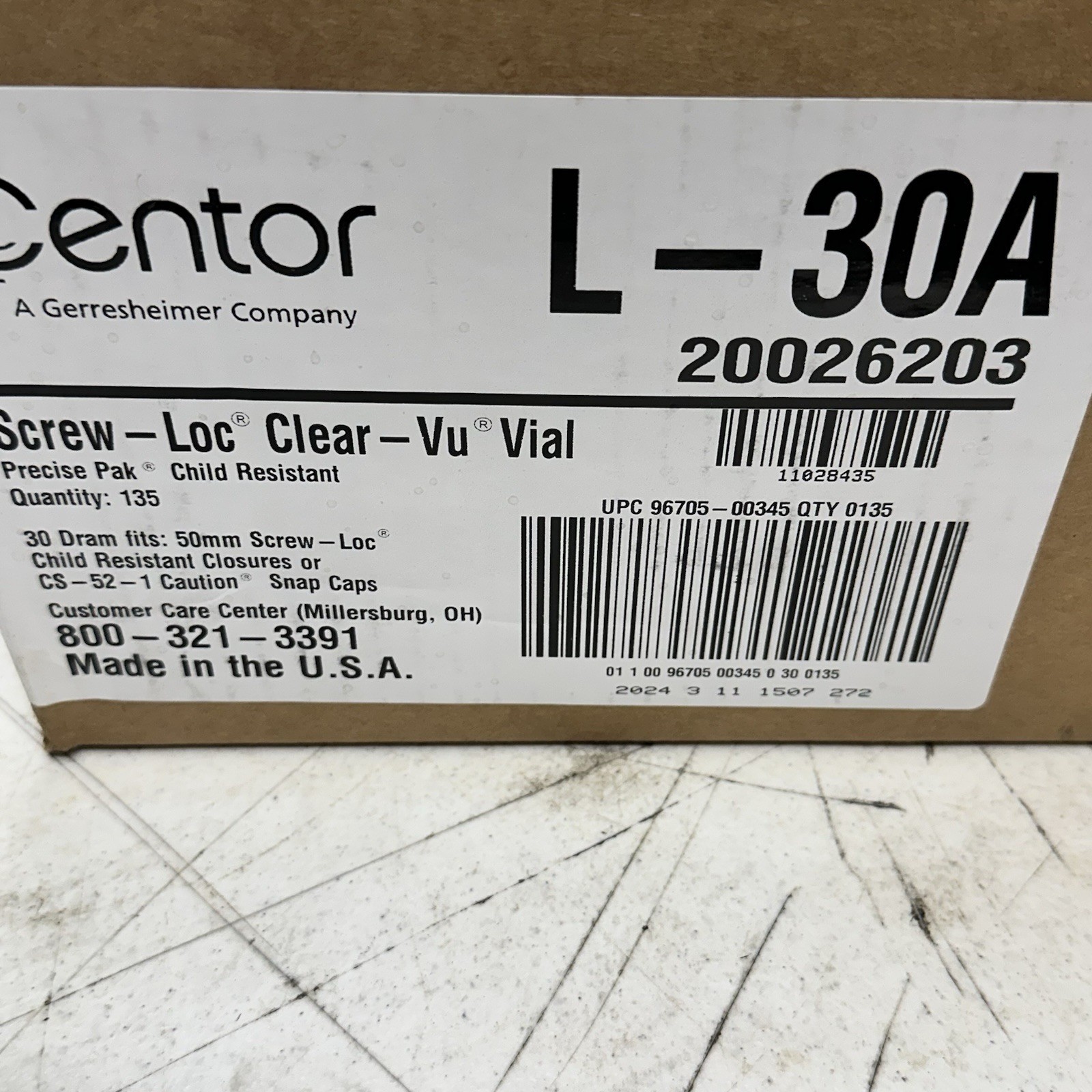 CENTOR L-30A CLEAR-VU SCREW-LOC 30 DRAM VIALS, 50mm SCREW-LOC, CASE QTY 135, NIB