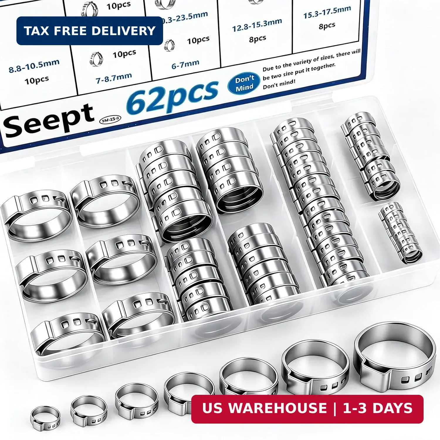 62Pcs 7 Sizes 304 Stainless Steel Single Ear Hose Clamps 6-23.5mm Crimp Hose Cla