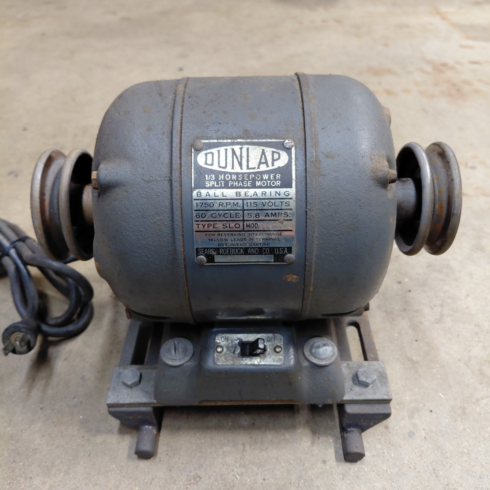 See Video Vintage Sears DUNLAP 1/3 HP Split Phase 115V 1750 RPM Motor 1/2” Shaft