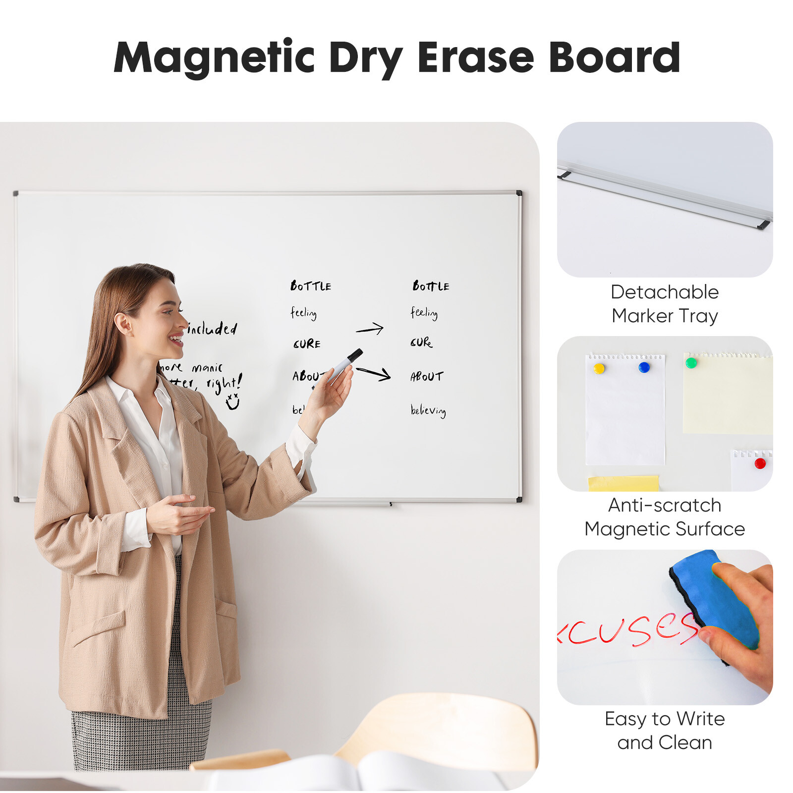 36″ x 24″ Magnetic Dry Erase Board for Office, Home and School Whiteboard