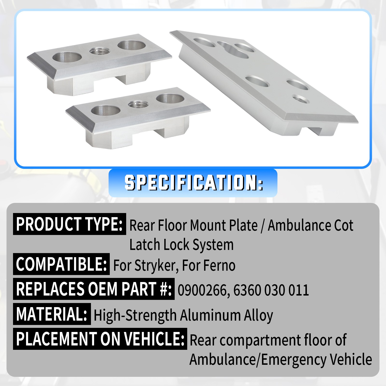 3PCS Floor Mount Plates for Stryker Ferno Ambulance Stretcher Fastening System