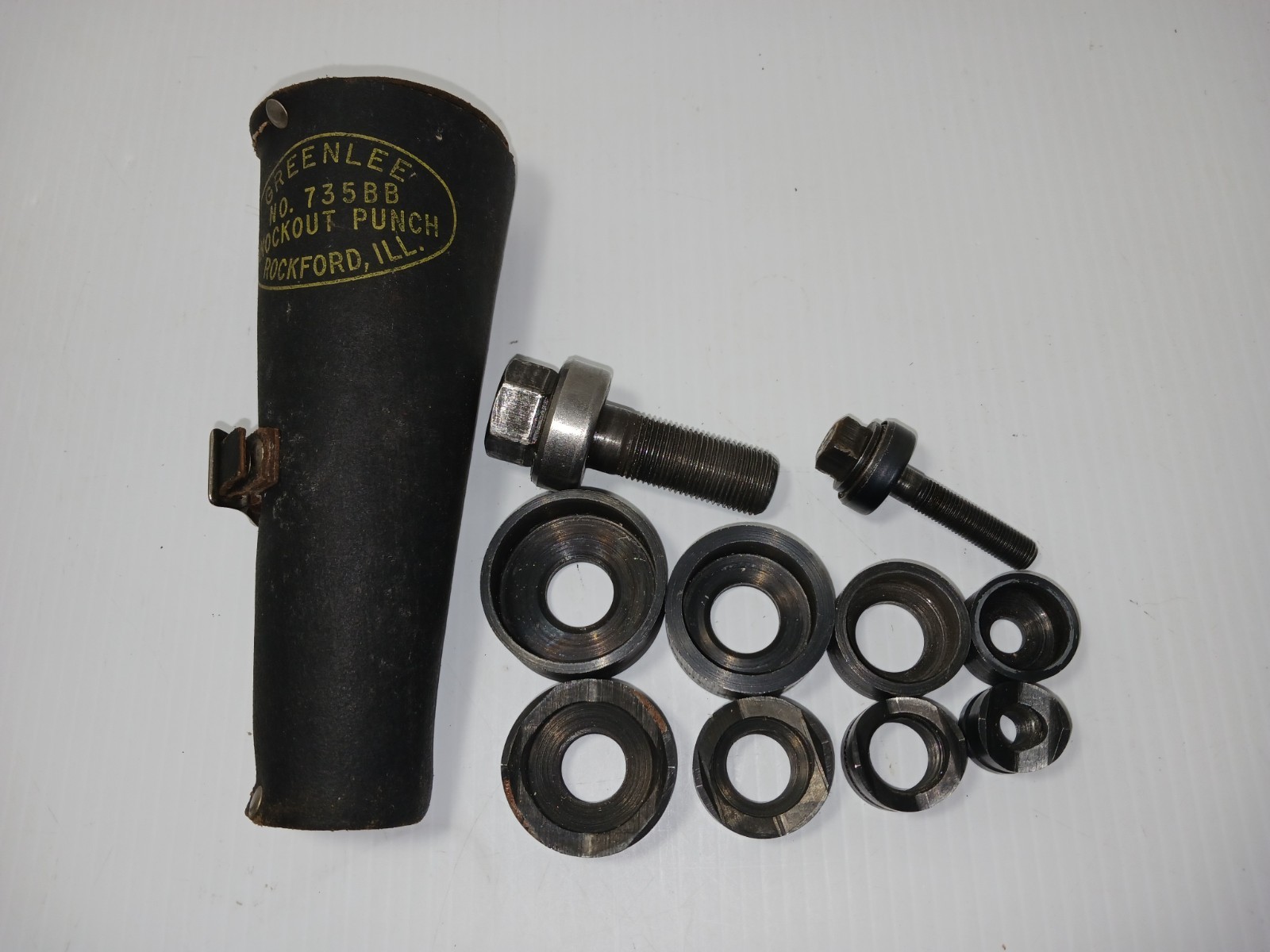 Vintage Greenlee No. 735 BB Ball Bearing Knockout Punch Set + Leather Sheath USA