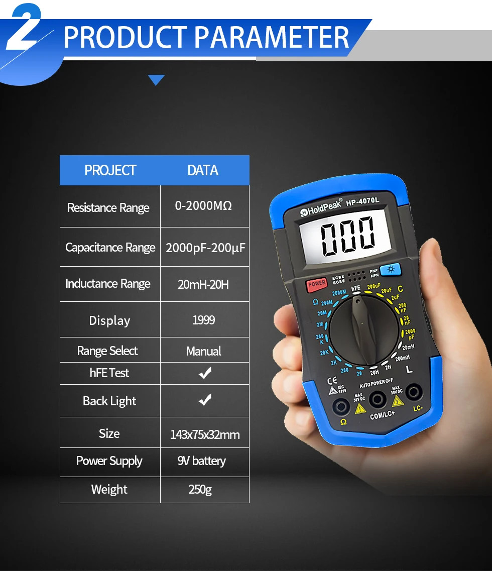 Capacitor Tester 2000pF~200uF,Capacitance Meter, LCR Meter hFE Resistance Test