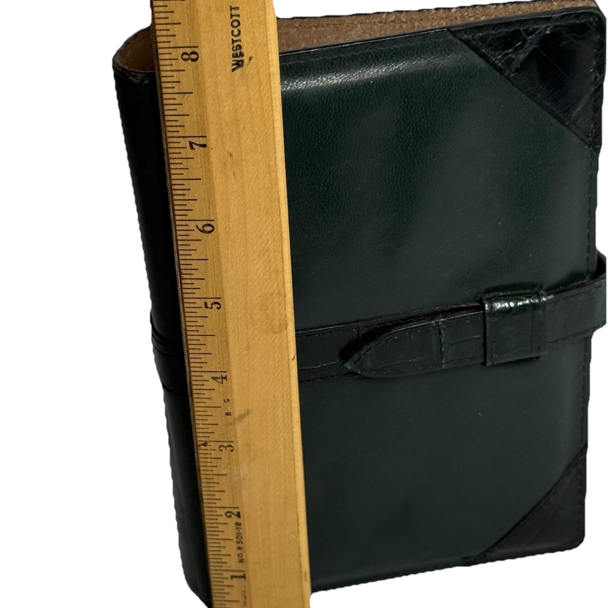 VTG Dark Green Leather Day Planner Black Alligator Strap Ostrich Interior Retro