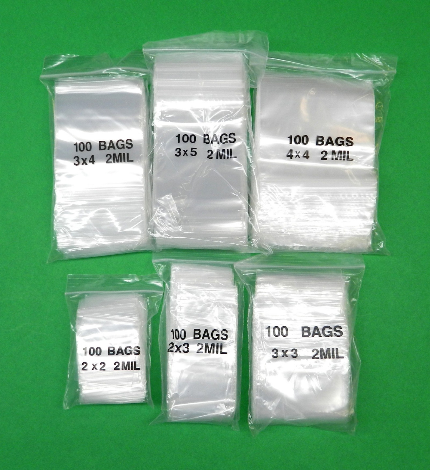 600 Assorted Bags Clear 2Mil Reclosable Baggies 100 @ 2×2 2×3 3×3 3×4 3×5 4×4