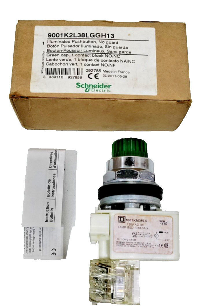NEW Schneider Electric 9001K2L38LGGH13 Illuminated Push Button Green Lens