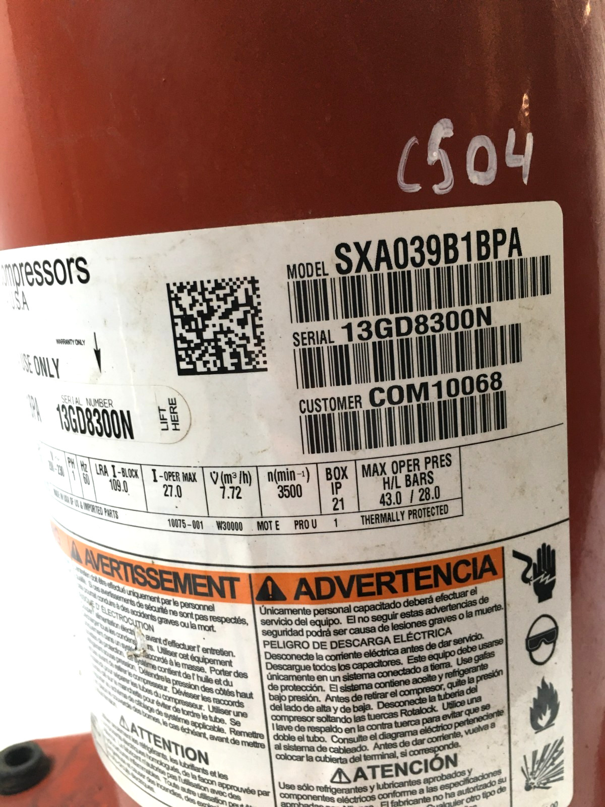 Alliance R410A Compressor SXA039B1BPA COM10068 208-230V 60 Hz 1 PH used #C504