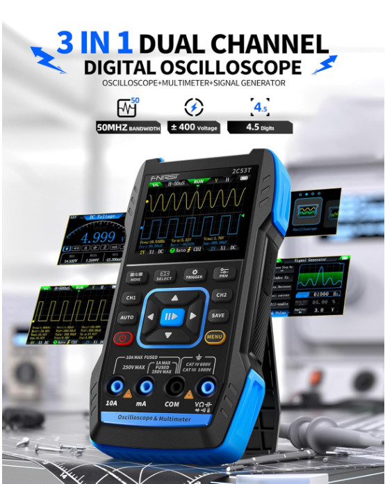 Osciloscopio 3 en 1 50MHz 2CH, Multímetro 19999 Cuentas y Generador DDS 250MSa/s