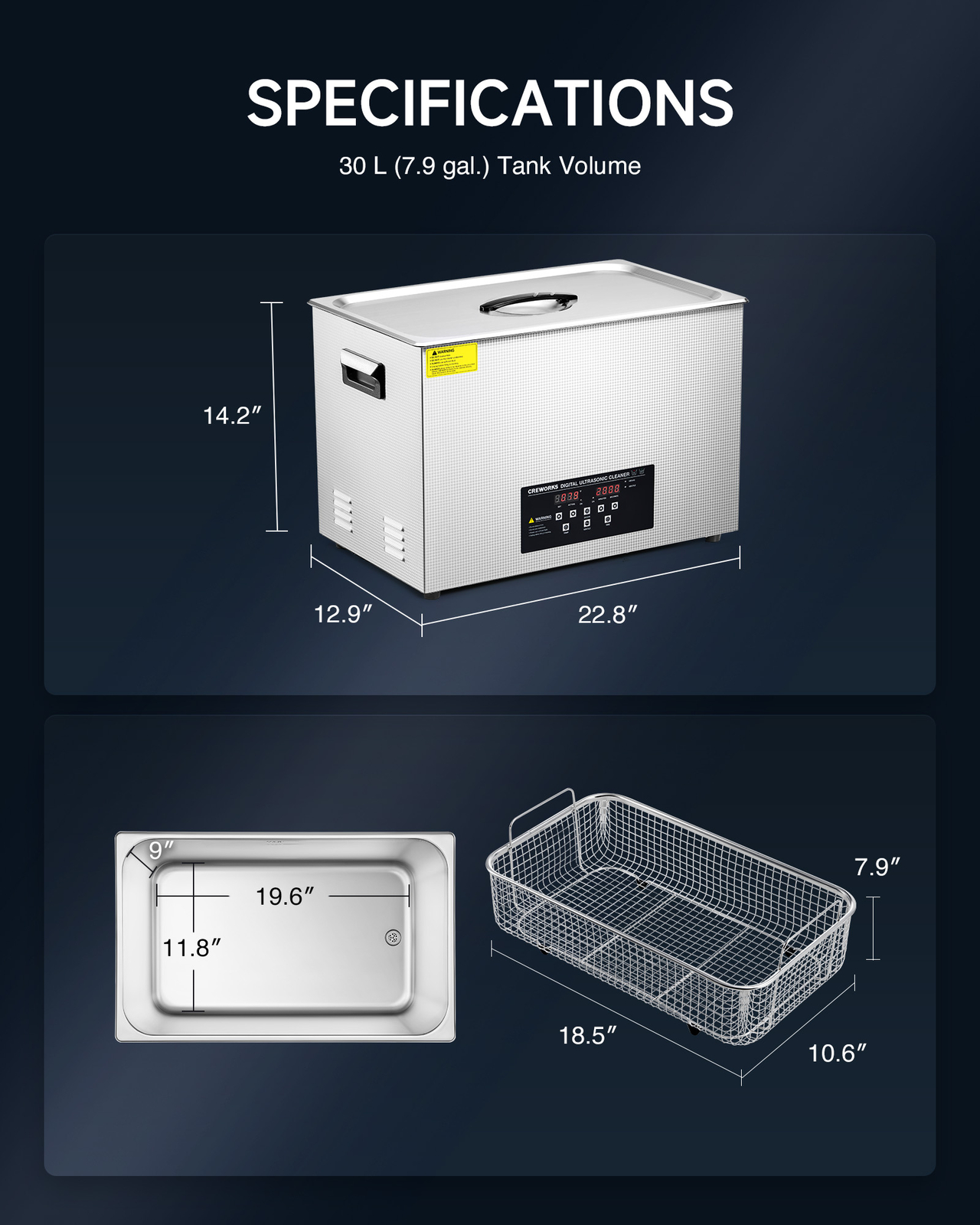 CREWORKS 30L Ultrasonic Cleaner with Control Panel 1-30 min. Timer & Degas Mode