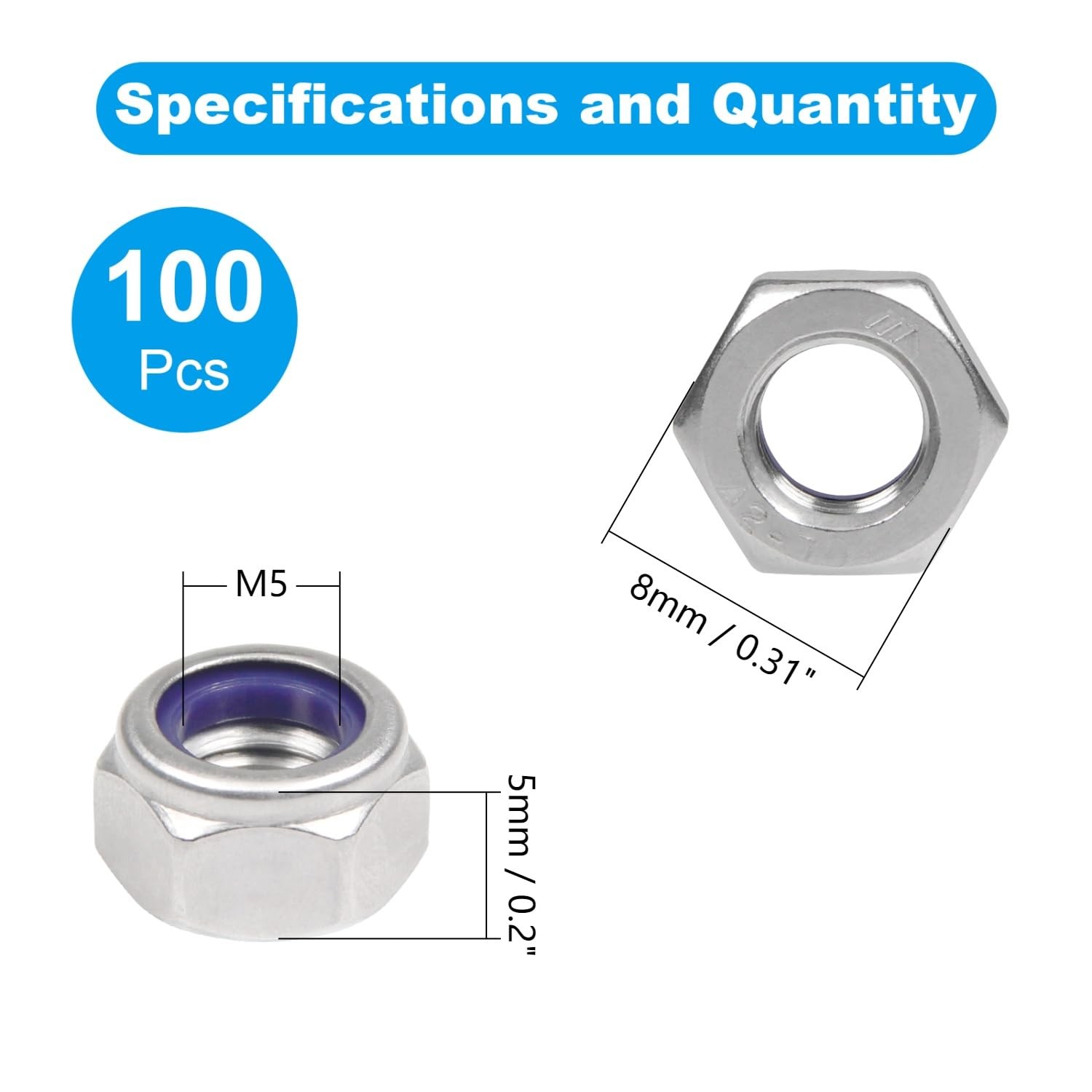 100PCS M5 Locknuts M5x0.8mm Nylon Insert Hex Lock Nuts 304 Stainless Steel Me…