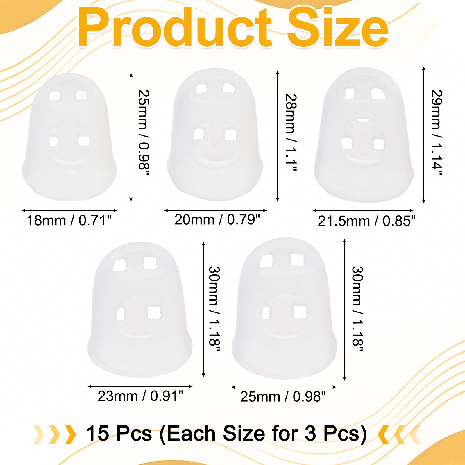 15 Pcs Silicone Finger Tips, 18/20/21.5/23/25mm Reinforced Finger, Translucent