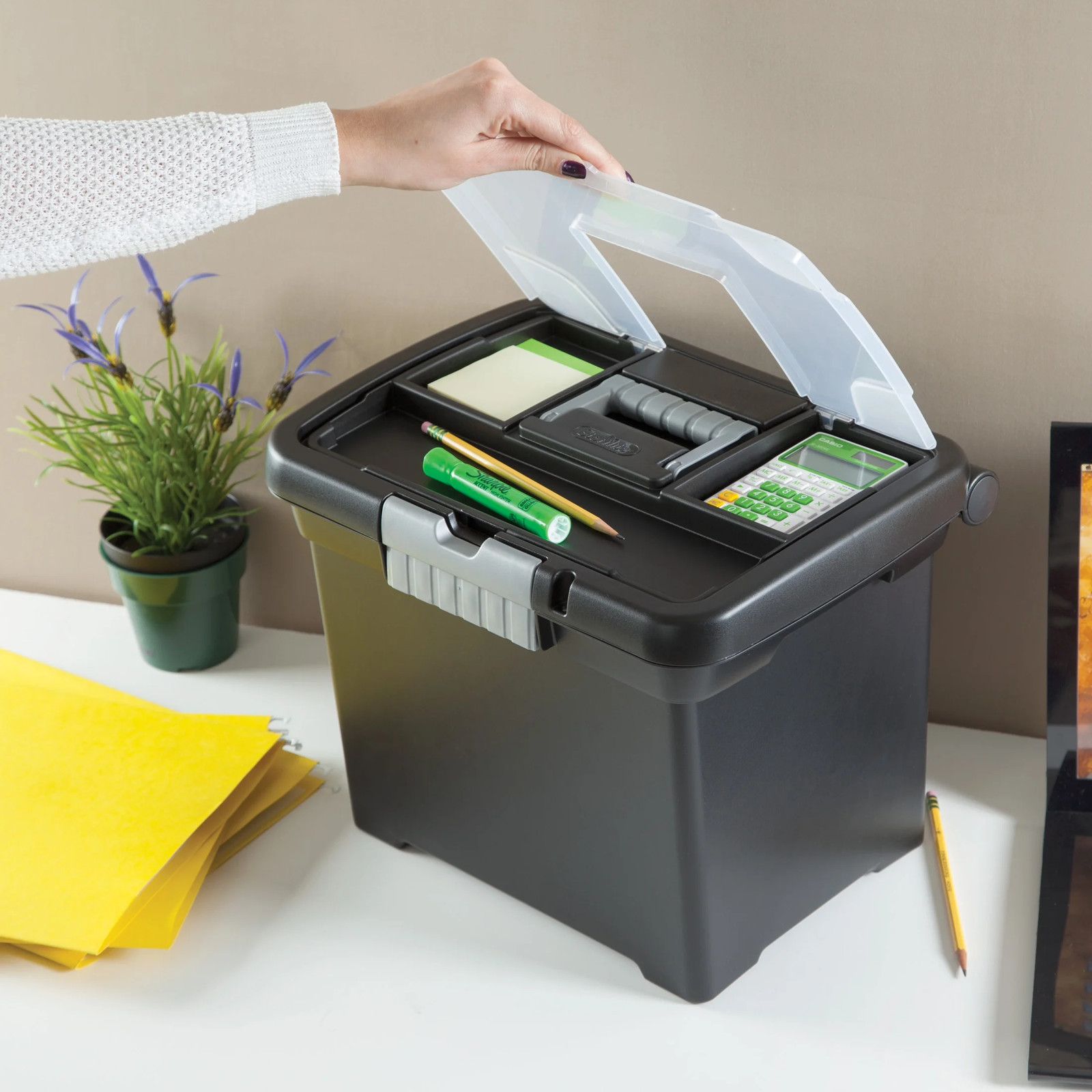 Portable File Box, Letter-Size Plastic File Storage Box with Handle and Divided