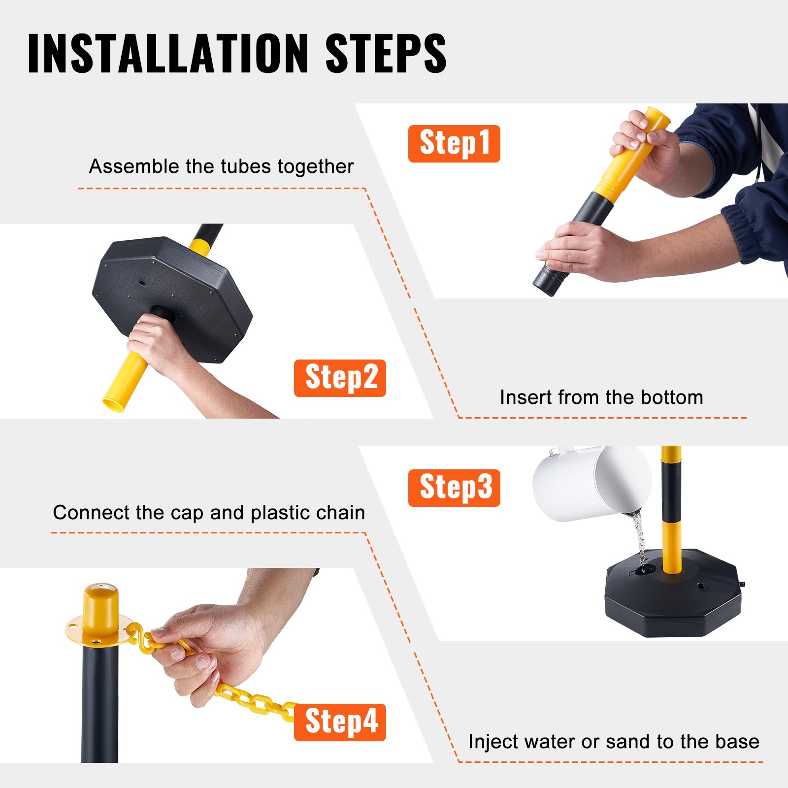 VEVOR 6PCs Traffic Delineator Post Cones with Fillable Base 8FT Chain Adjustable