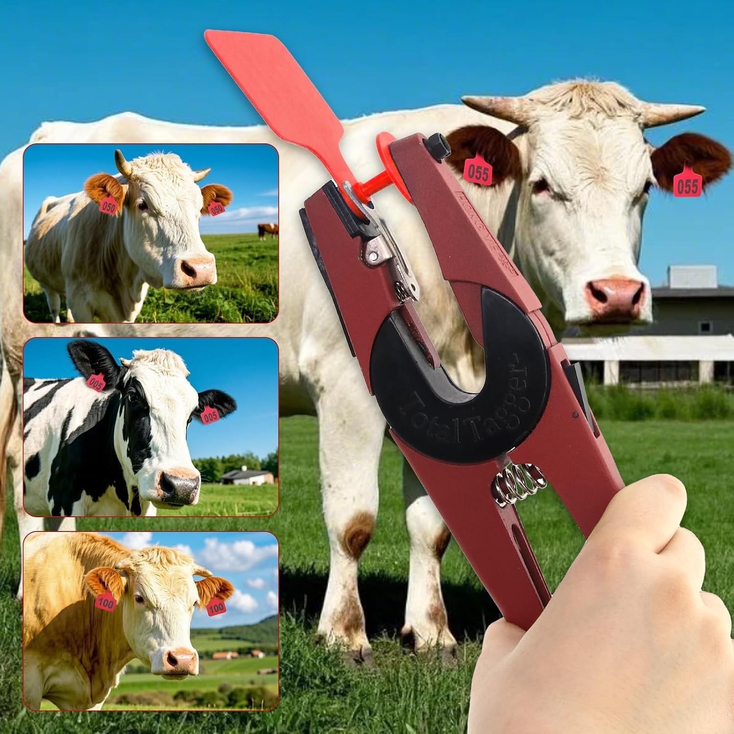 Cattle Ear Tag Applicator Kit with 100 Small Red Tags for Animal Identification