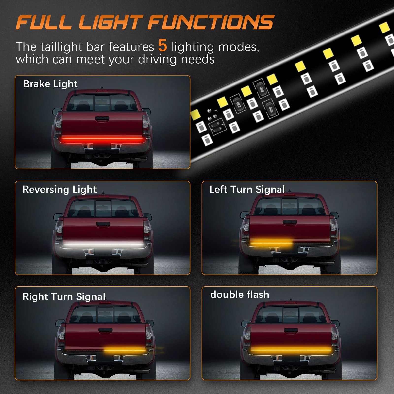 60 Inch Tailgate Light Bar Triple Row 432 LED Chips with Red Brake White Reve…