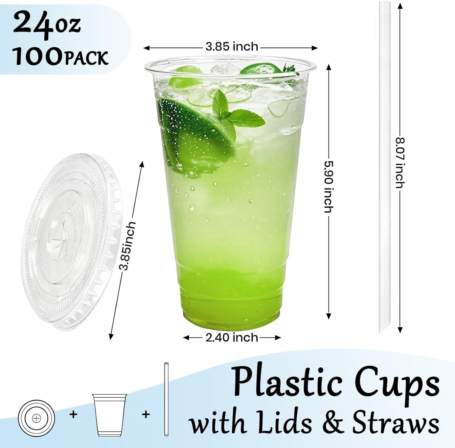 100-Pack 24 oz Clear Plastic Cold Cups with Lids and Straws