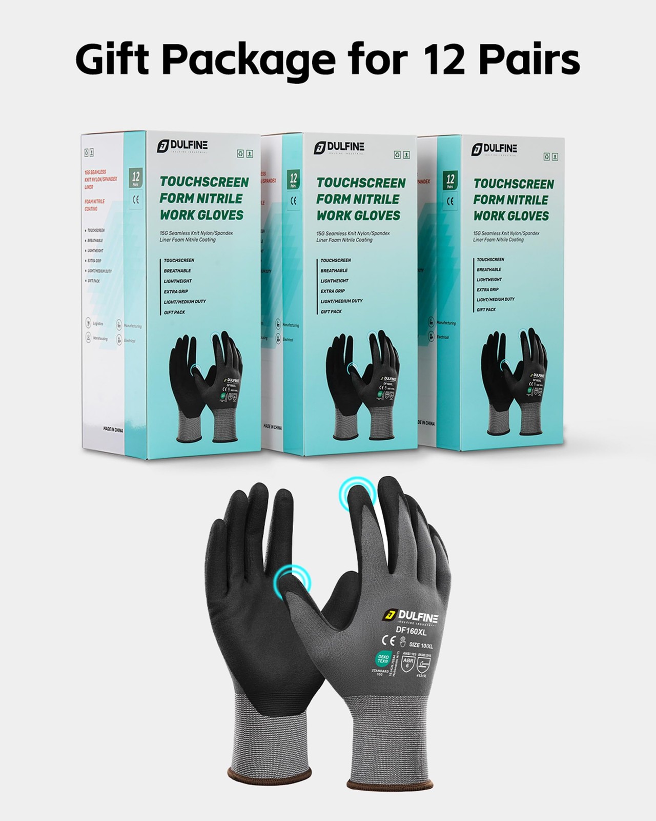 DULFINE Safety Work Gloves MicroFoam Nitrile Coated-12 Pairs Pack,Seamless Kn…