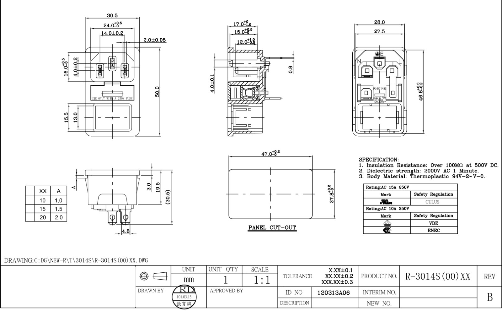 R-3014S RICH BAY AC Power Inlet Socket with Fuse Holder & Switch 10A 250V
