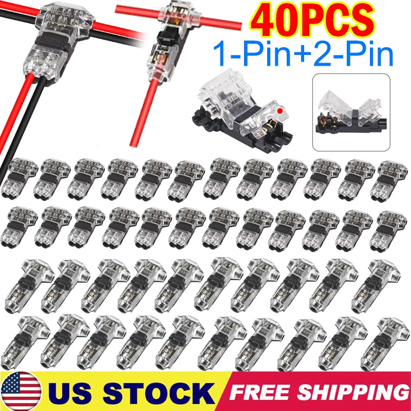 40PC 2-Pin+1-Pin T-Tap Wire Connectors,Clear,Solderless 3-Way AWG 24–20/18