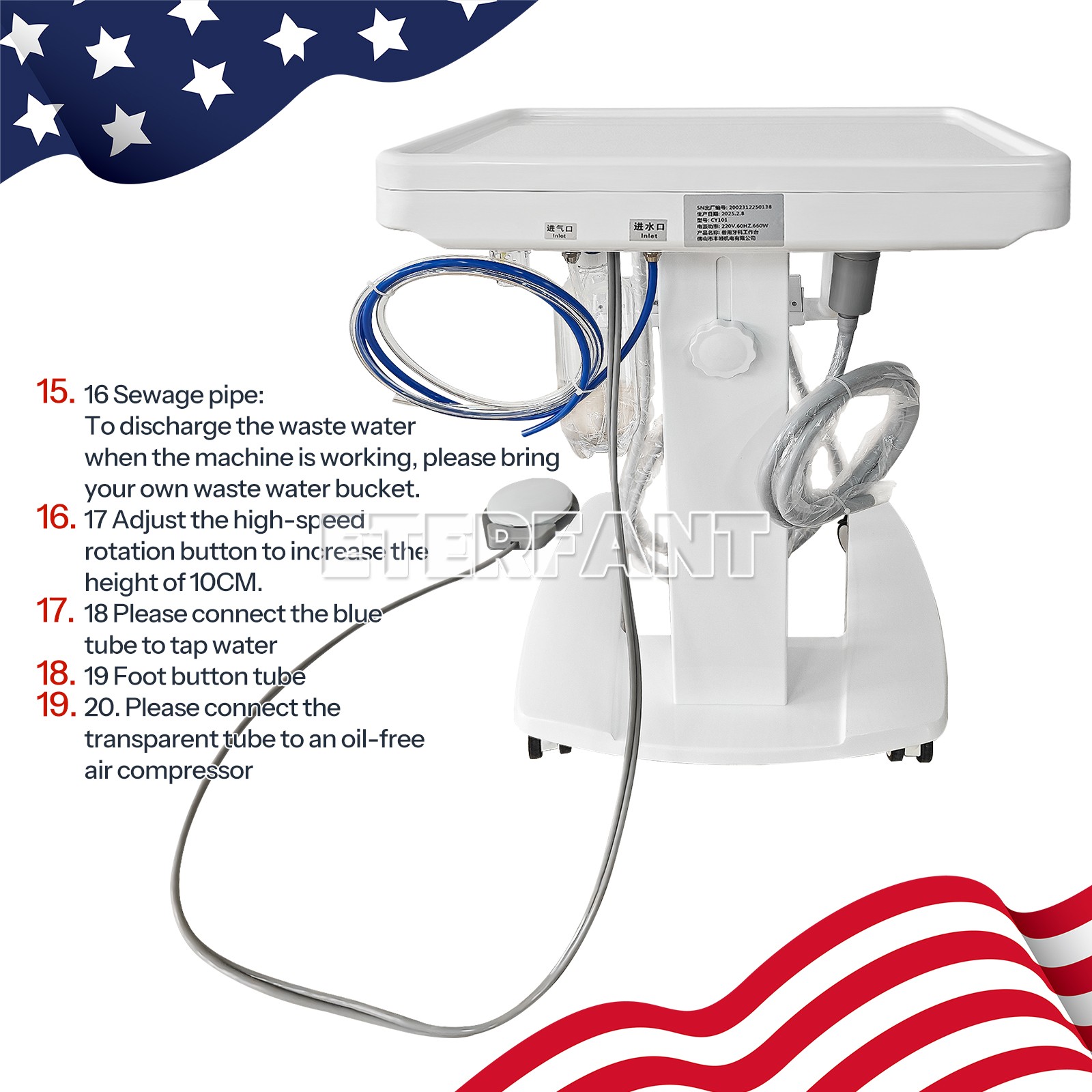 ETERFANT Dental Portable Mobile Delivery Unit System Cart Treatment 4 Holes US