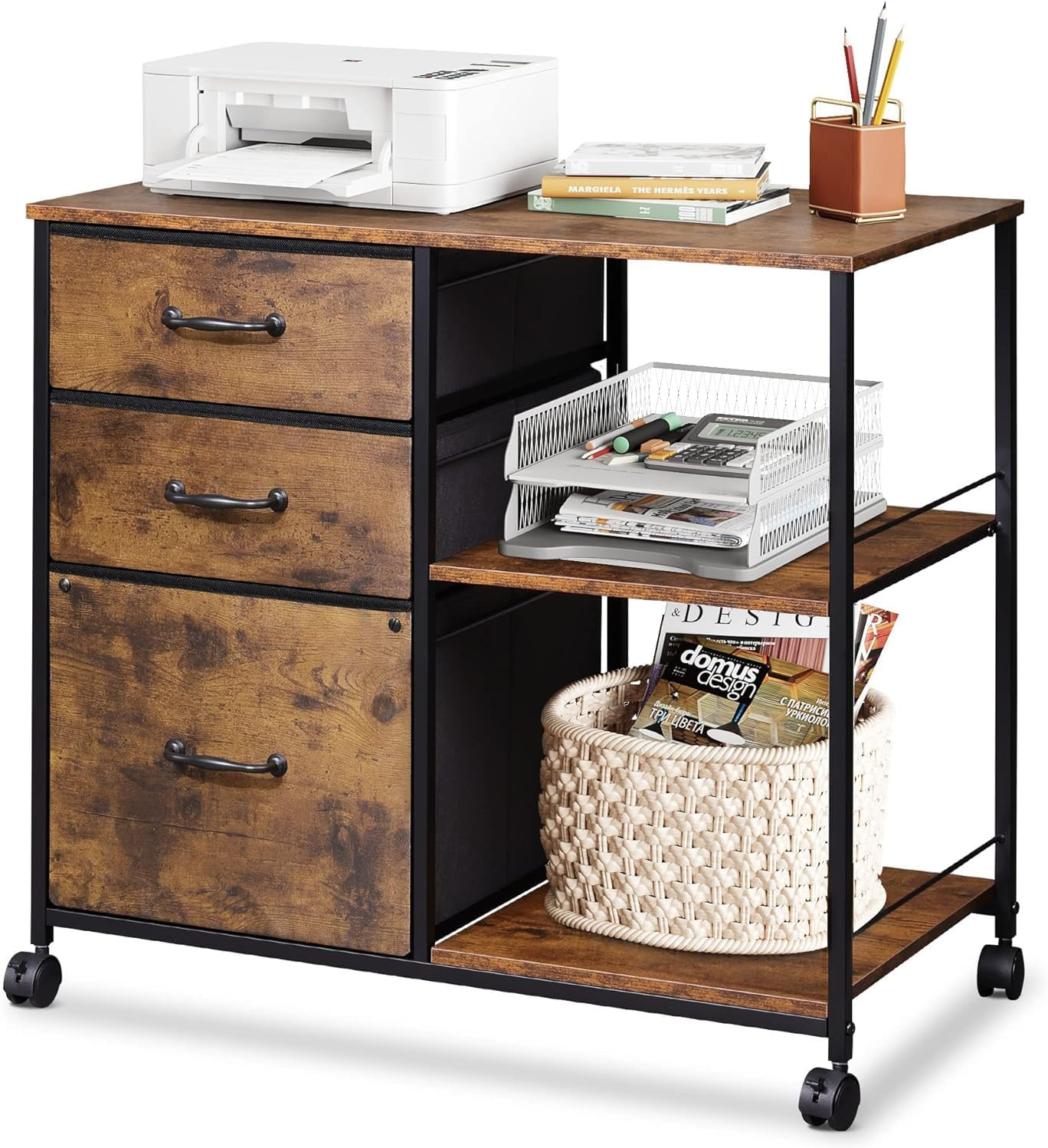3 Drawer Mobile File Cabinet, Rolling Printer Stand with Open Storage Shelf, Fab