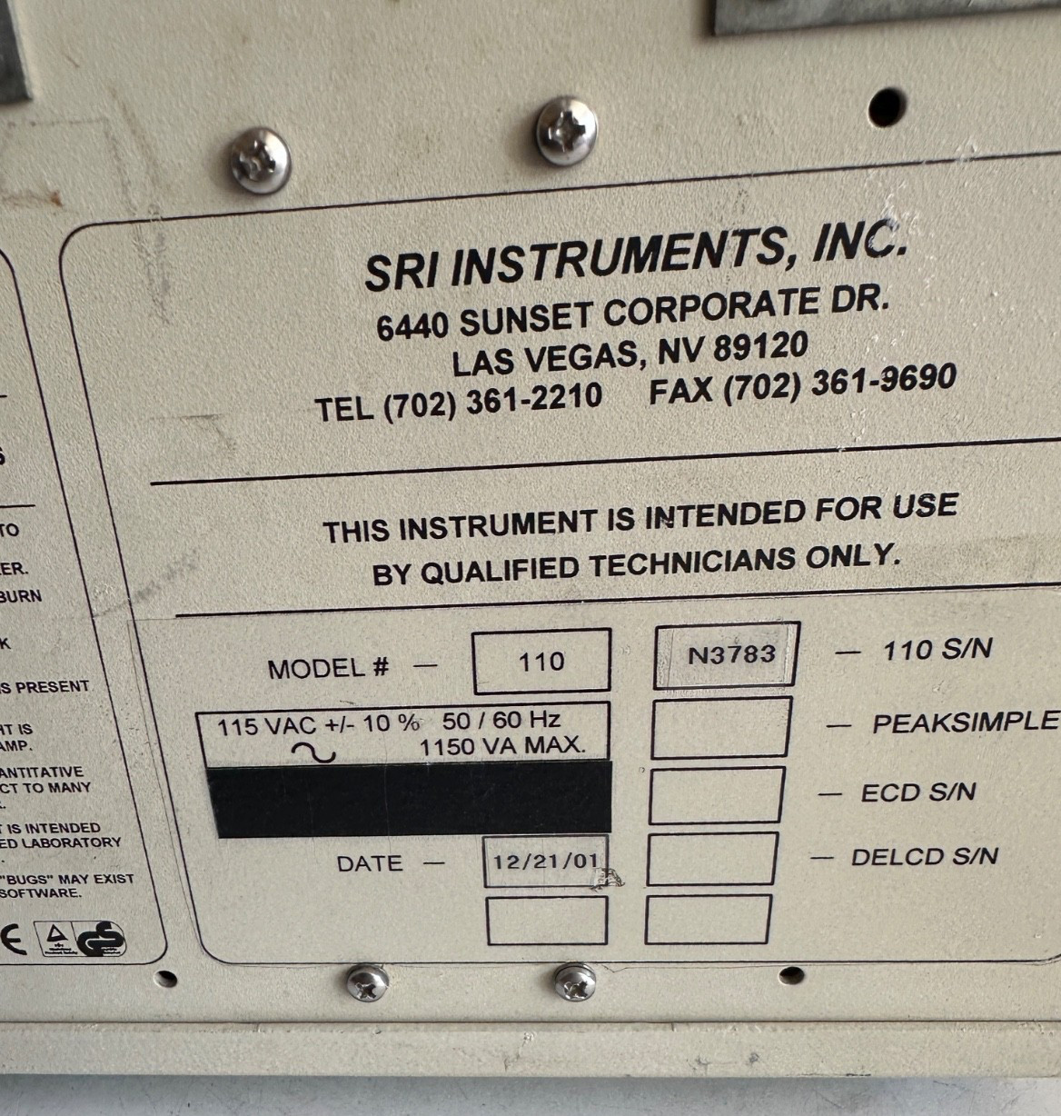SRI Gas Chromatograph 110 Stand-Alone GC Detector Chassis W/ FID