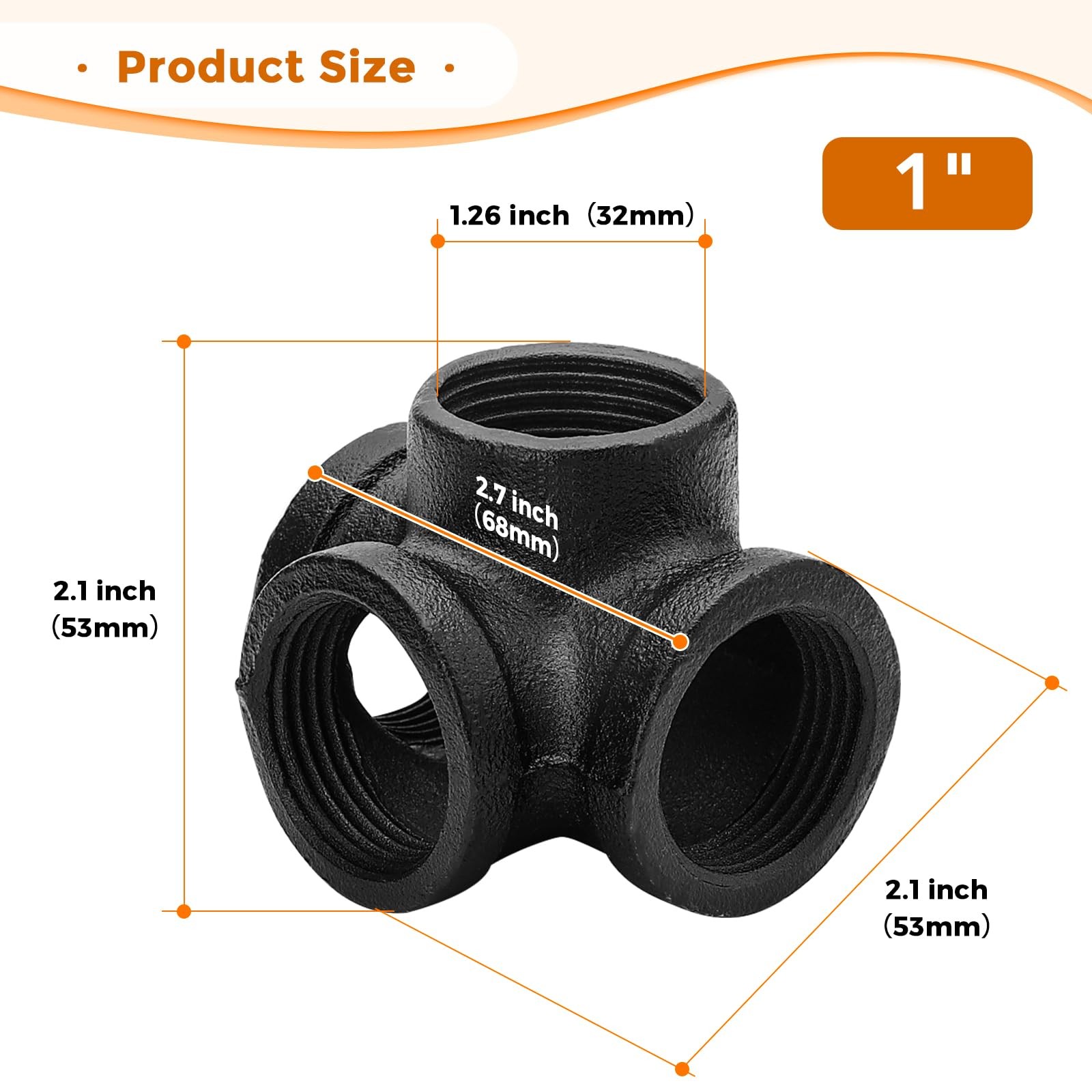 1″ Black Pipe Fittings 4-Way Side Outlet Tee – 4 Pack Malleable Cast Iron Thr…