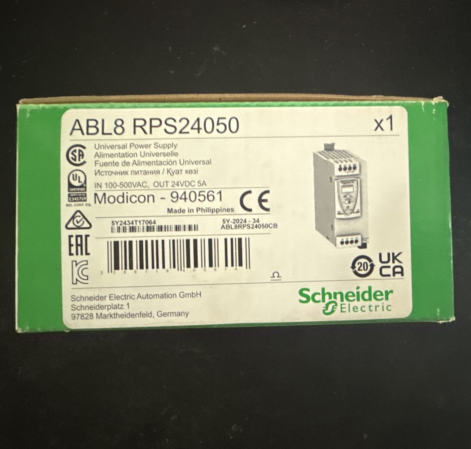 Schneider Electric Modicon ABL8RPS24050 DIN Rail Power Supply 24VDC 5A 120W