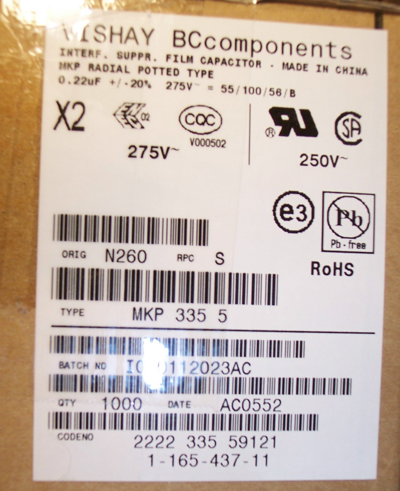 QTY (20) .22uf 250V 275V 20% X2 METALLIZED POLYPROPYLENE FILM 2222-335-59121 BC