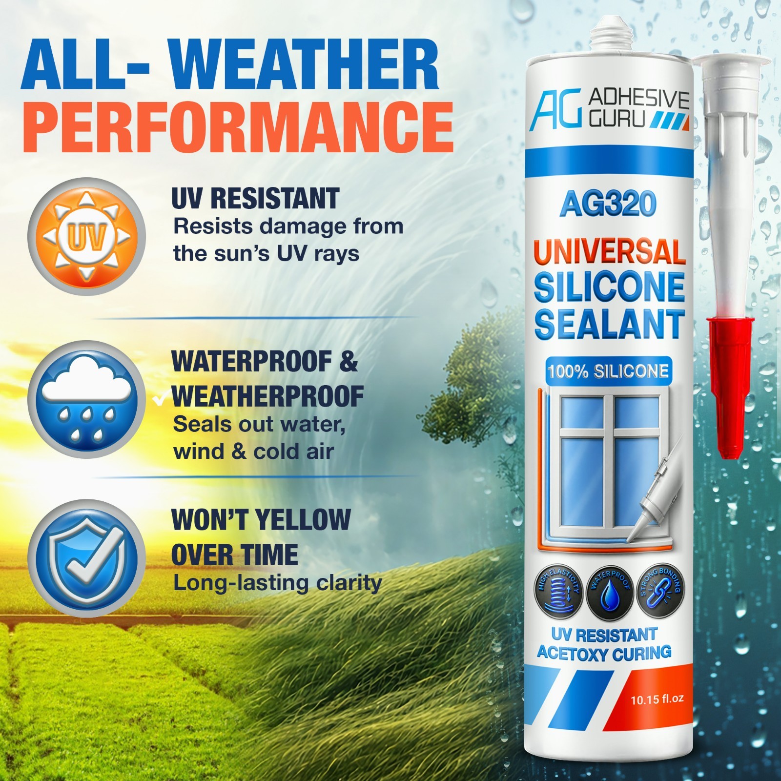 Adhesive Guru Universal Silicone Sealant Fast Cure, 10.15 fl.oz. 12 Pack