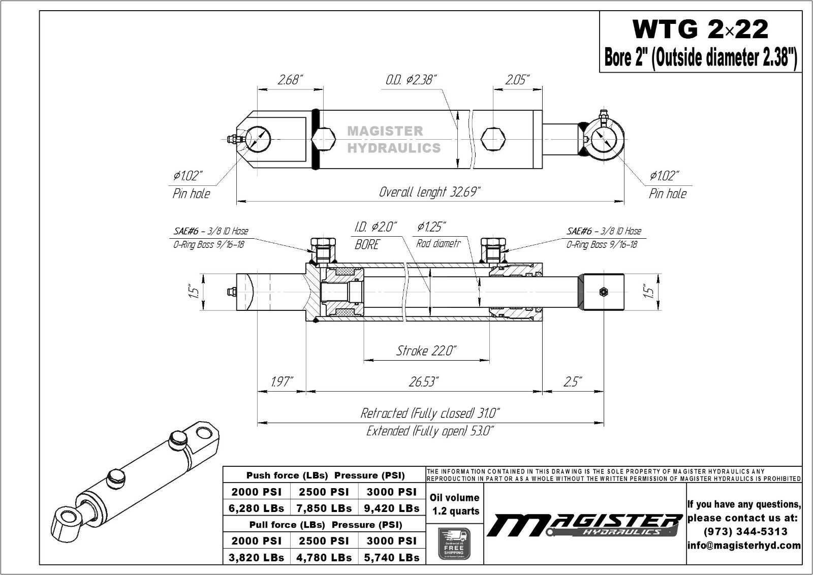 Hydraulic Cylinder Welded Double Acting 2″ Bore 22″ Stroke Tang 2×22 WTG NEW