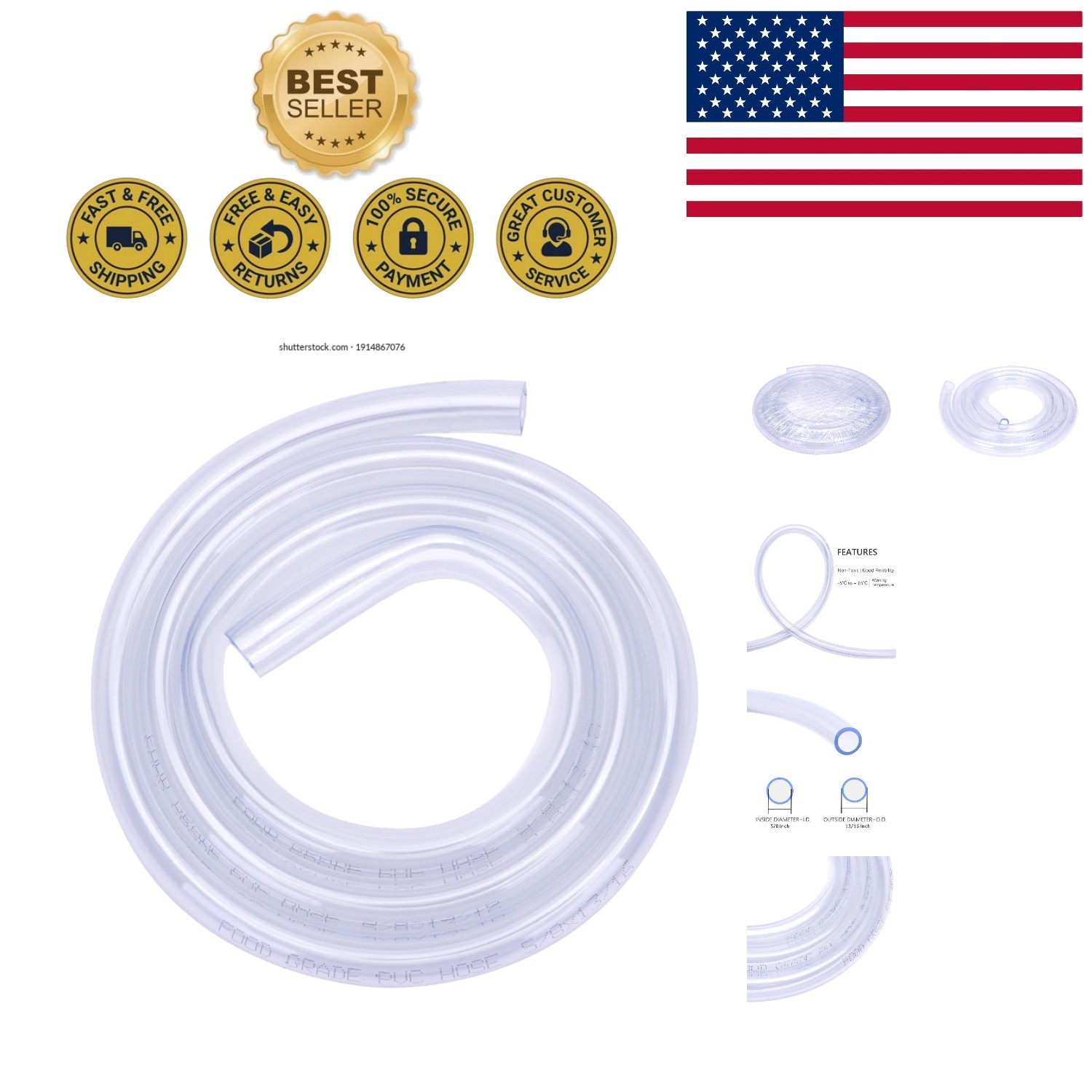 Non-Toxic 5FT Food Grade Clear Vinyl Hose – 5/8″ID x 13/16″OD Flexible Tubing