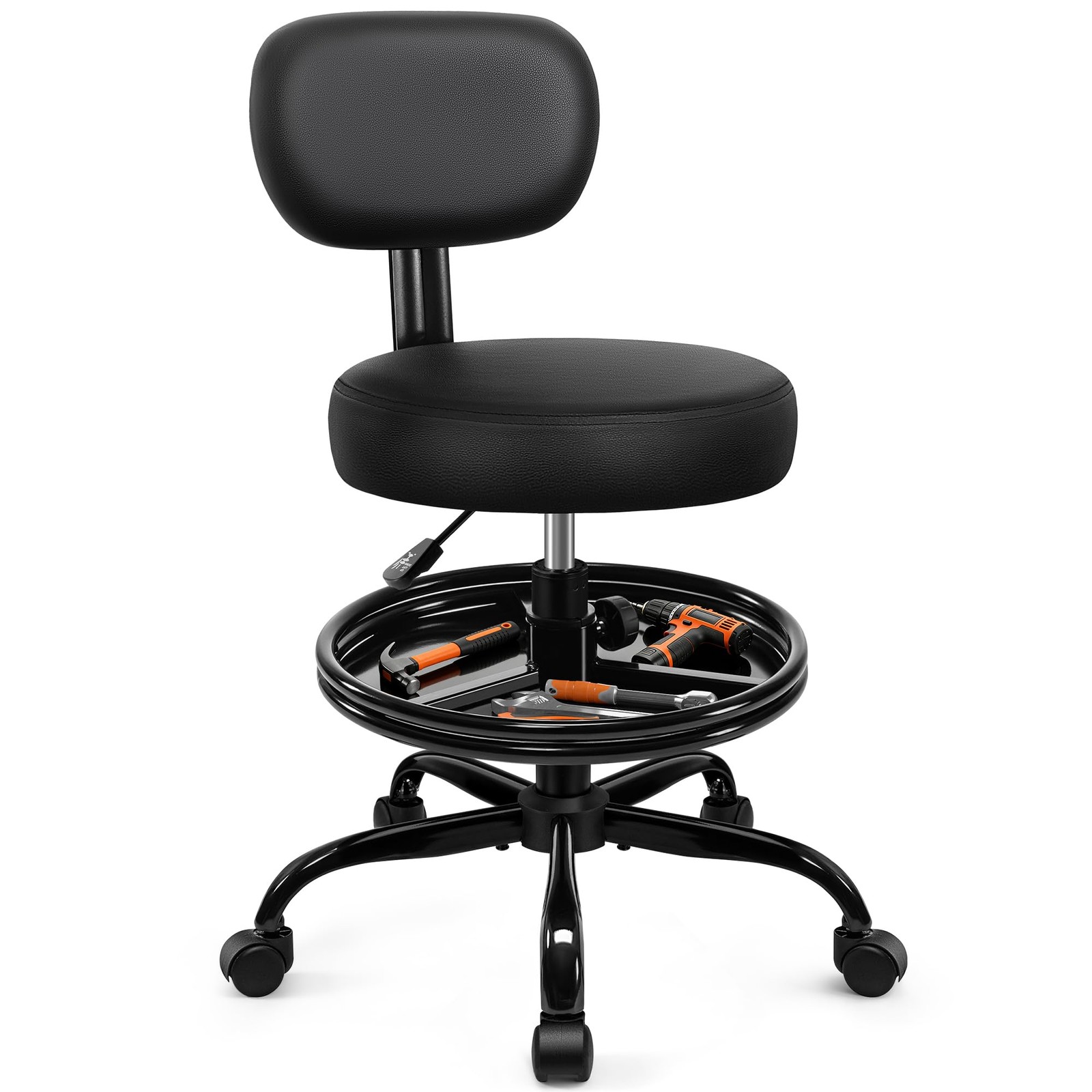 Shop Stool with Wheels for Garage, Mechanics Rolling Chair with Backrest, Adjust