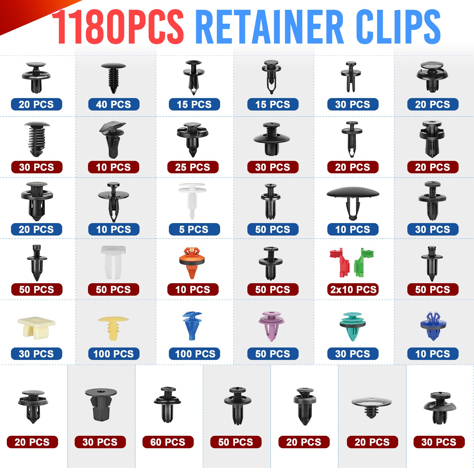 1295pc Car Push Retainer Clips & Auto Fasteners Assortment Kit Removal Tools Set