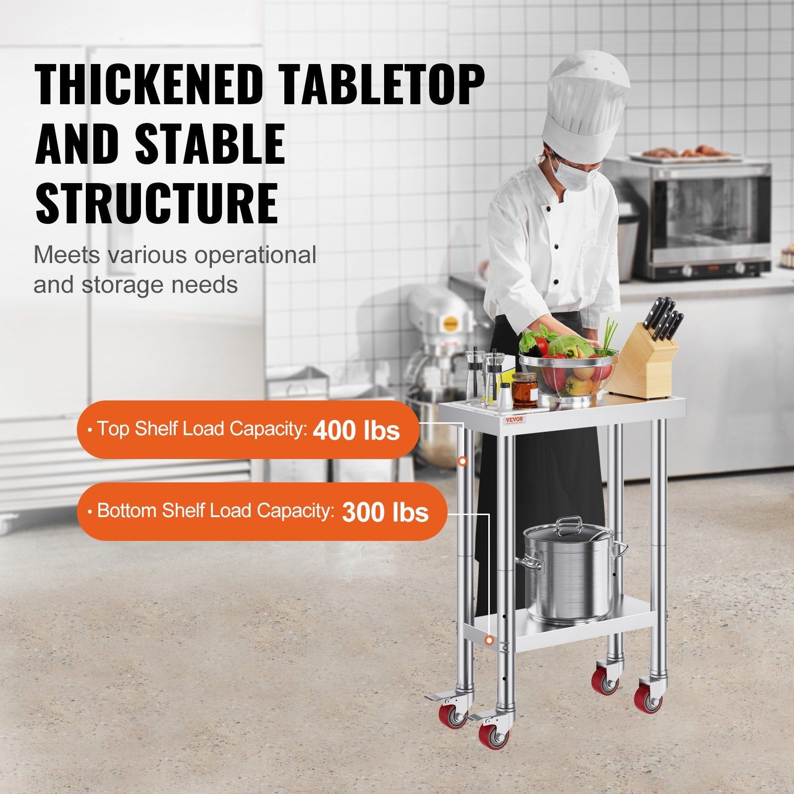 SUS201 Stainless Work Table 12″x24″, 700lb Cap, Swivel Casters w/Brakes