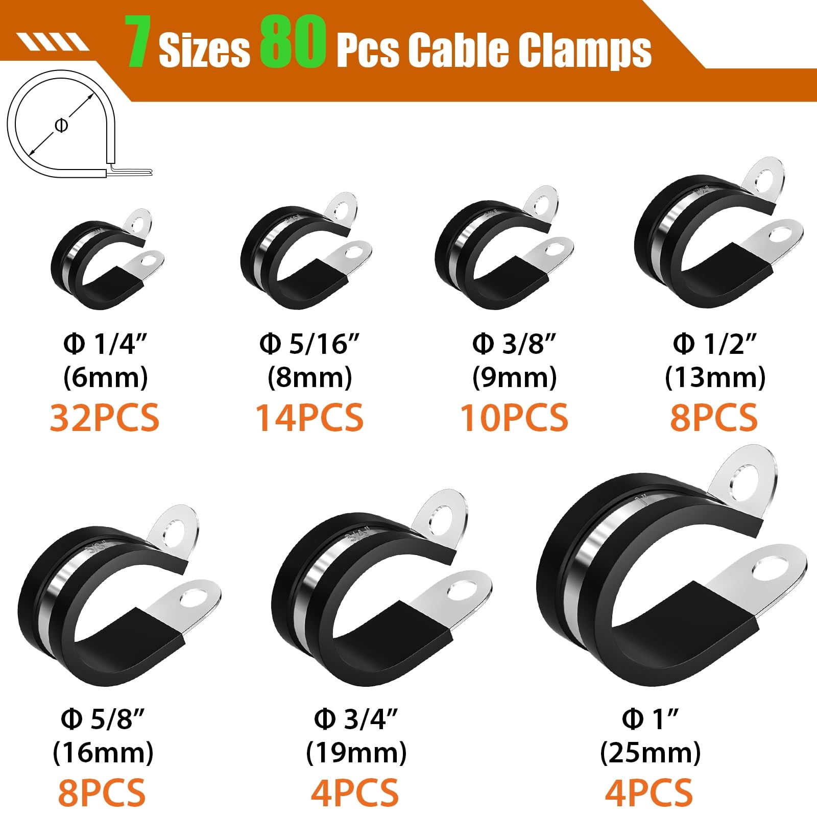 80pcs Rubber Cushion Insulated Clamp Stainless Steel Cable Clamps Assortment Kit