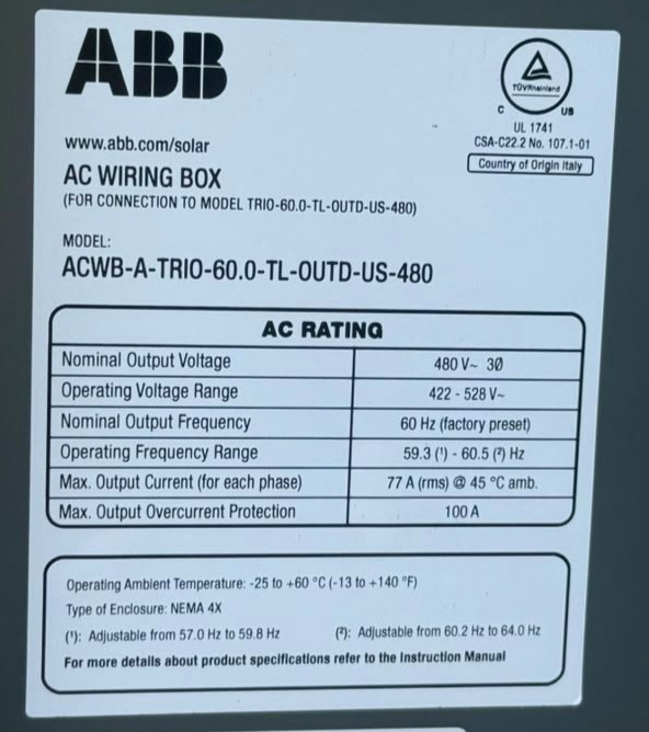 ABB ACWB-A-TRIO-60.0-TL-OUTD-US-480 AC Wiring Box 480V NEMA 4X
