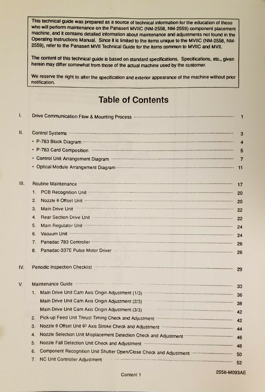 Panasonic Panasert MV-II MV2 Ops,Maint,Tech / MV2C Tech Manual NM-2558 / NM-2559