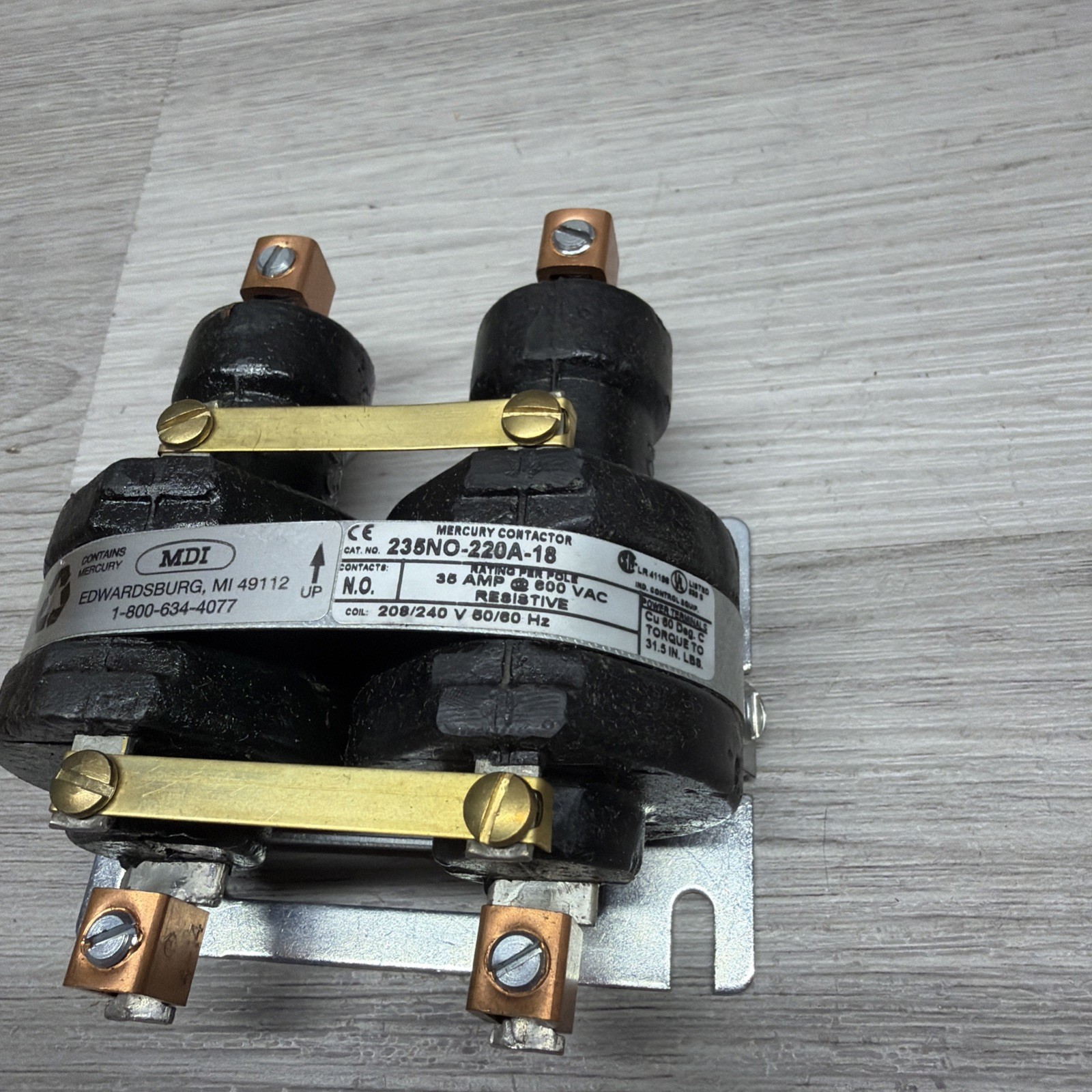 MDI 235NO-220A-18 Mercury Contactor, 2-Pole 35 Amp @ 600V, 208/240VAC Coil