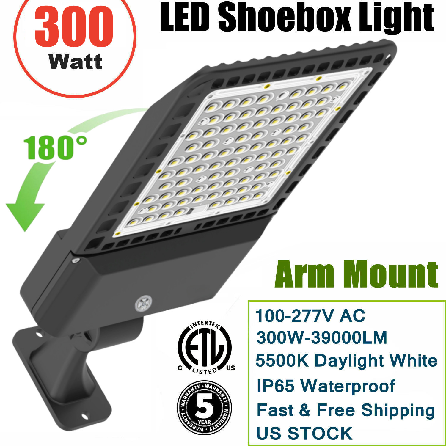 LED Parking Lot Lighting Shoebox Street Pole Light Dusk to Dawn 300W Arm Mount