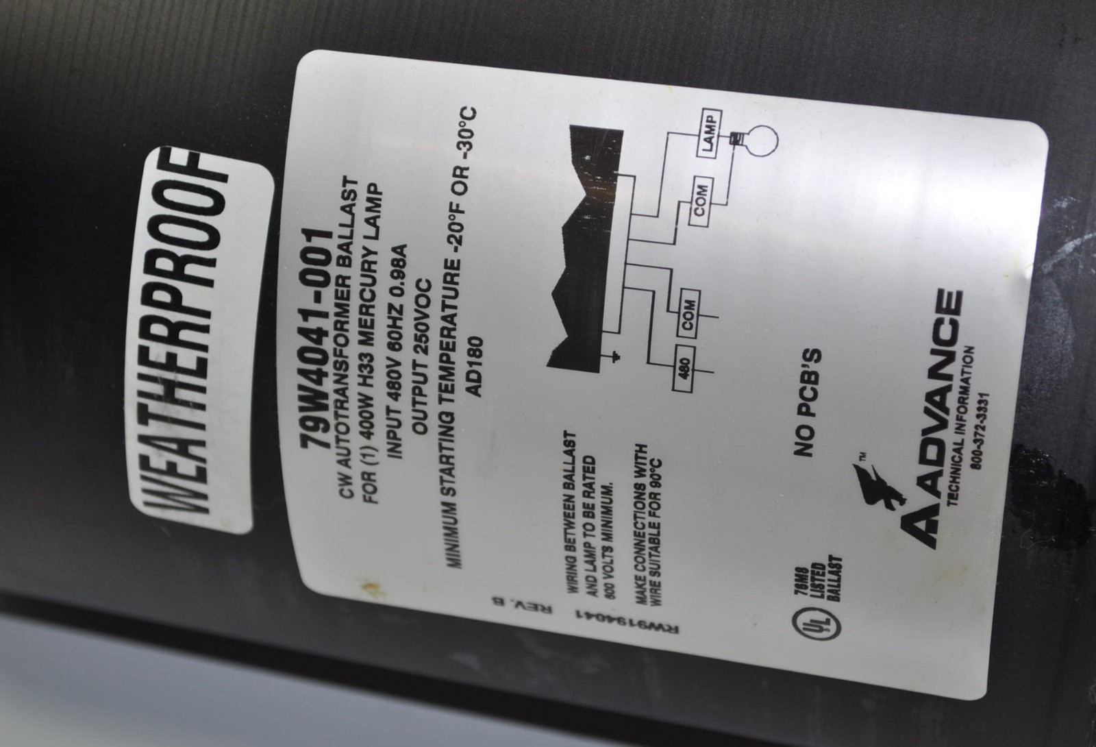 Advance Ballasts 400W Mercury H33 Outdoor Weatherproof Ballast Model 79W4041001