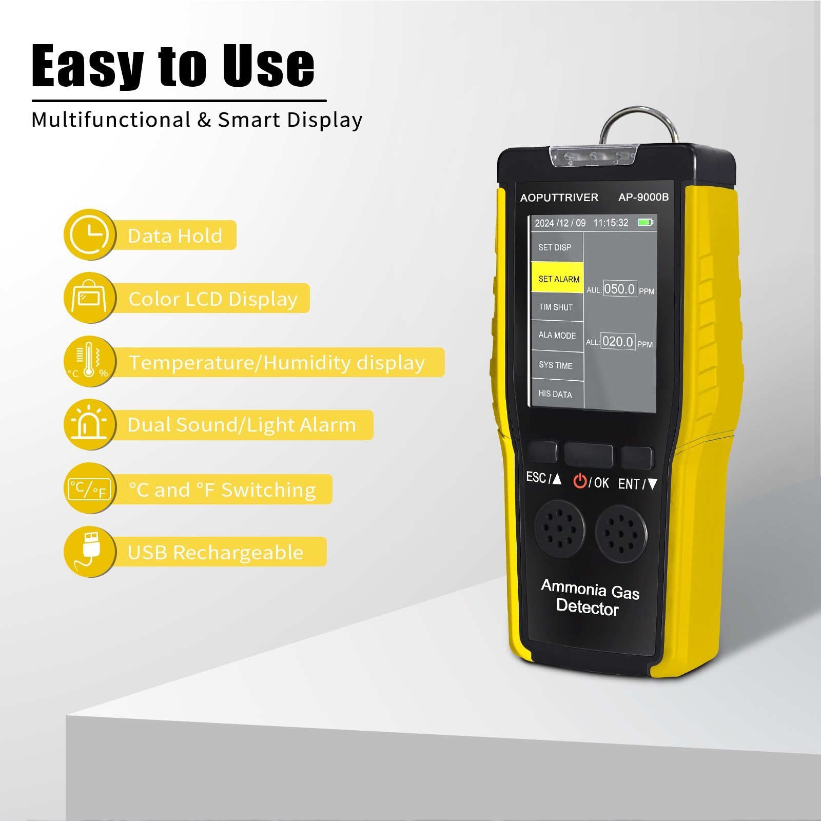 Ammonia Gas Detector 0~100PPM NH3 Monitor Temperature Humidity Tester Alarm Mode