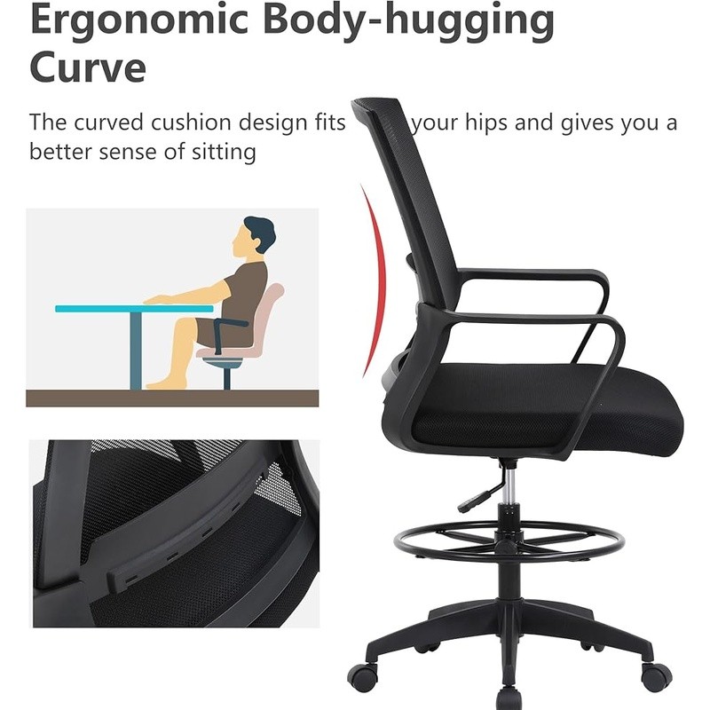 Ergonomic Drafting Chair W/ Foot Ring Adjustable Height Comfortable Support New