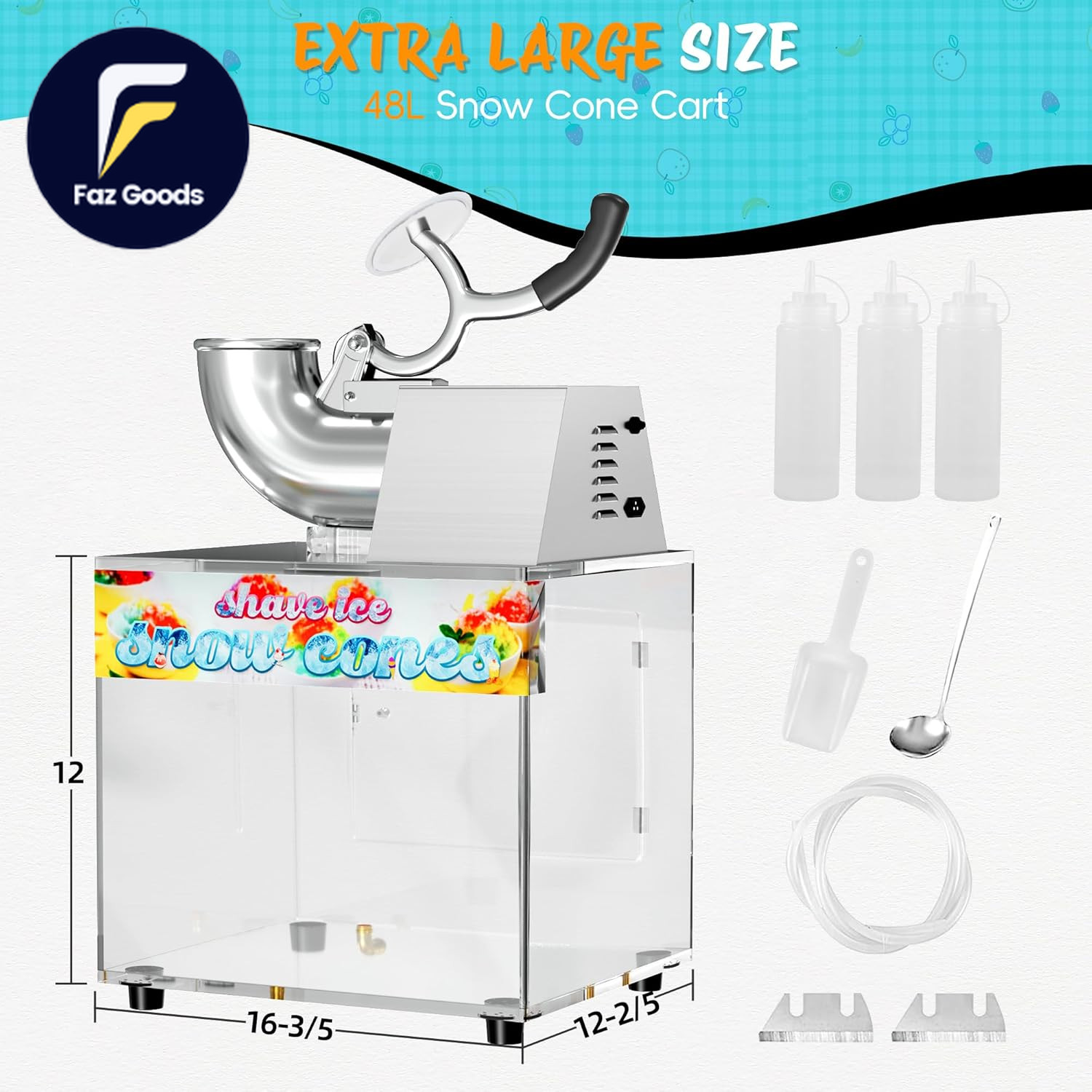 48L Snow Cone Machine 500LB/H Commercial Shaved Ice Machine for Snow Cones