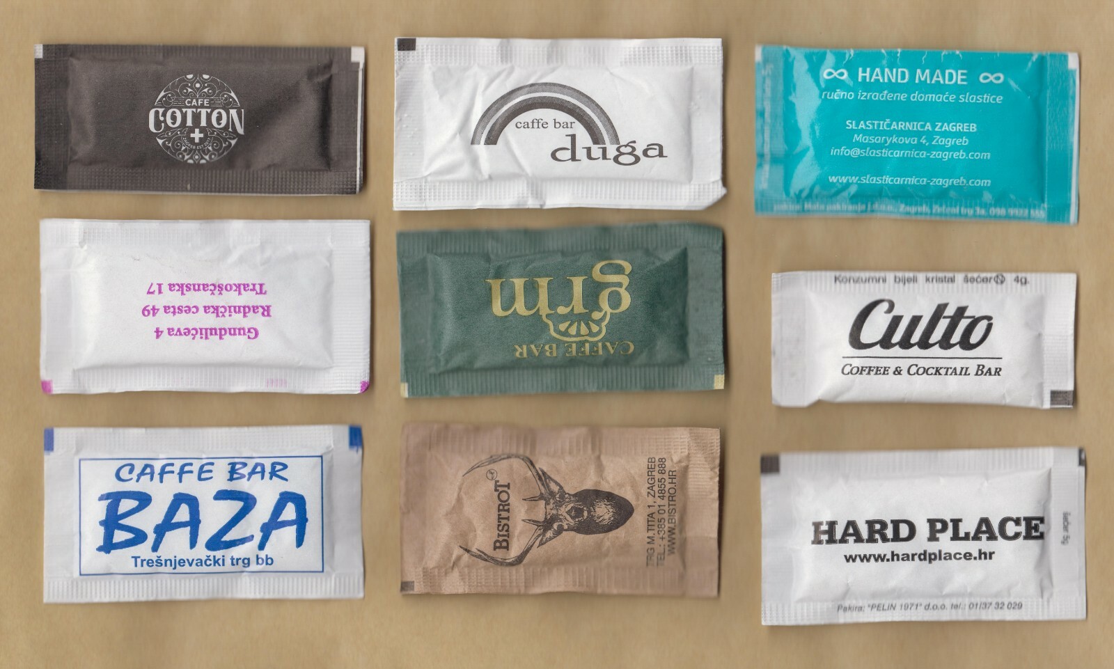 Set of 9 Different Unused Coffee & Tea Sugar Packets Bags from ZAGREB, Croatia