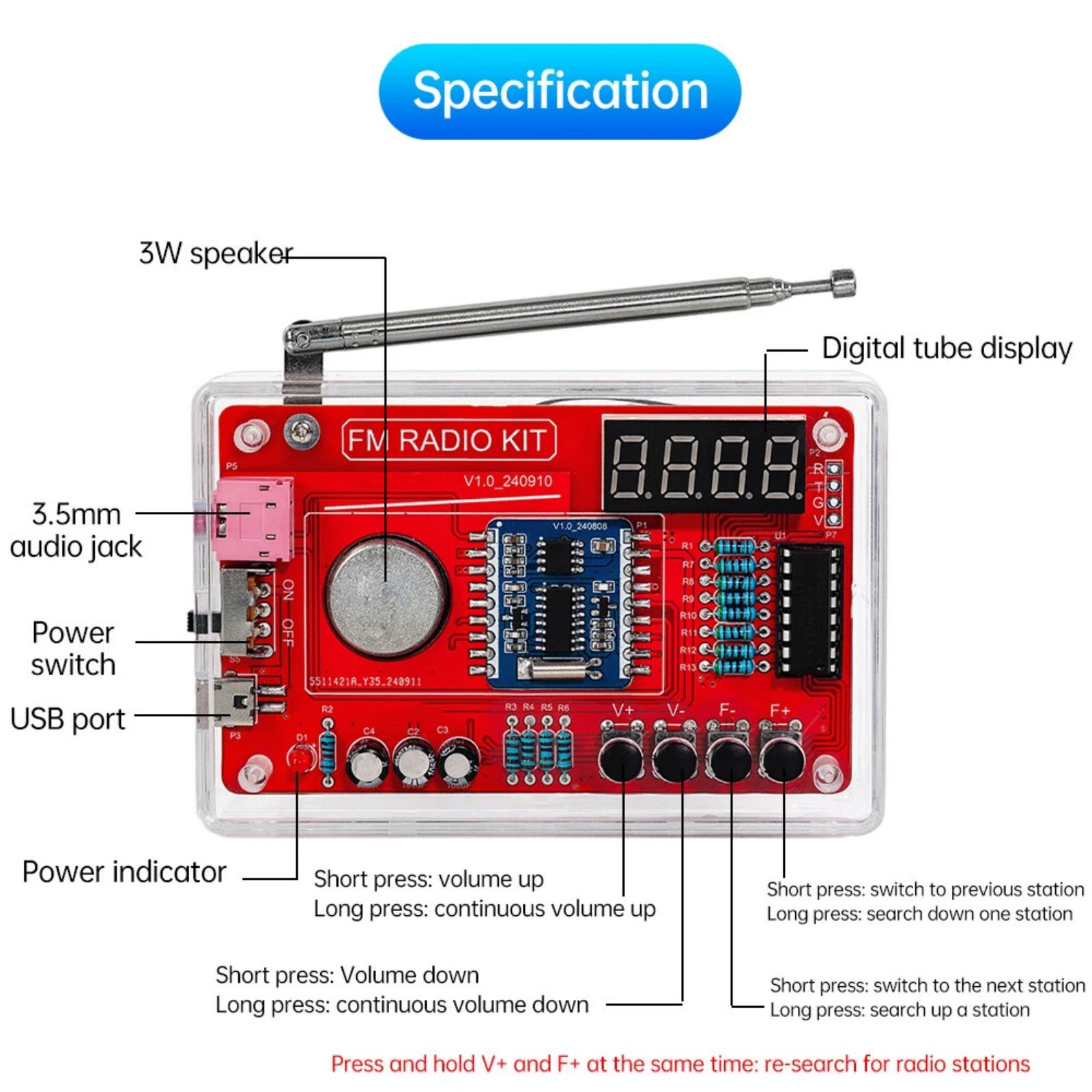 Educational RDA5807 FM Radio DIY Kit 87-108MHz with 15 Sound Level Adjustments