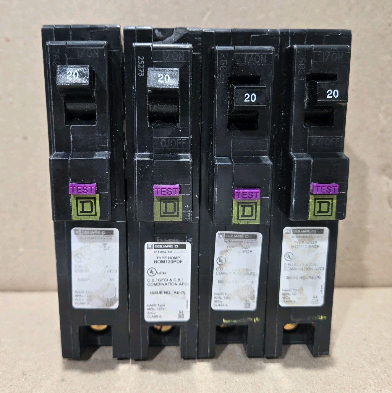 Lot of 4 Square D HOM120PDF 120V 20A Single-Pole Circuit Breaker