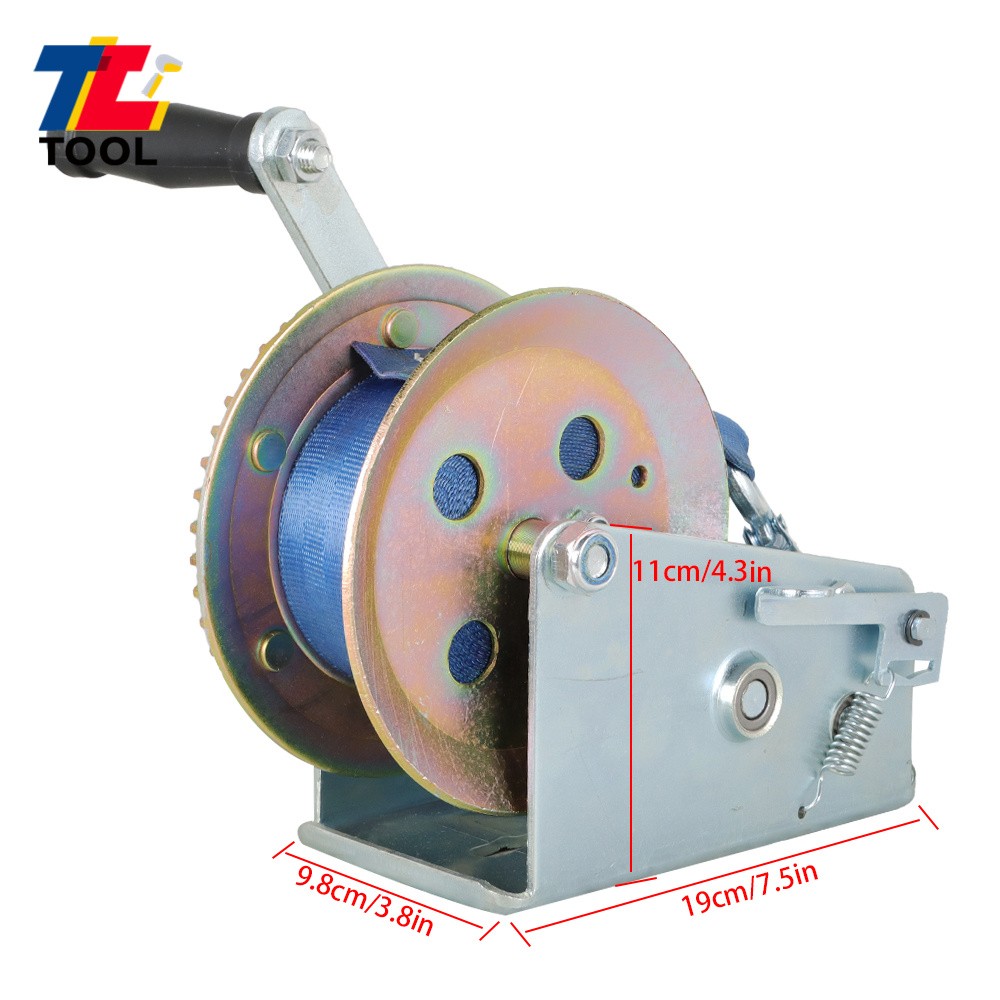 3500lbs Dual Gear Hand Winch Hand Crank + Nylon Belt Blue For ATV Boat Trailer