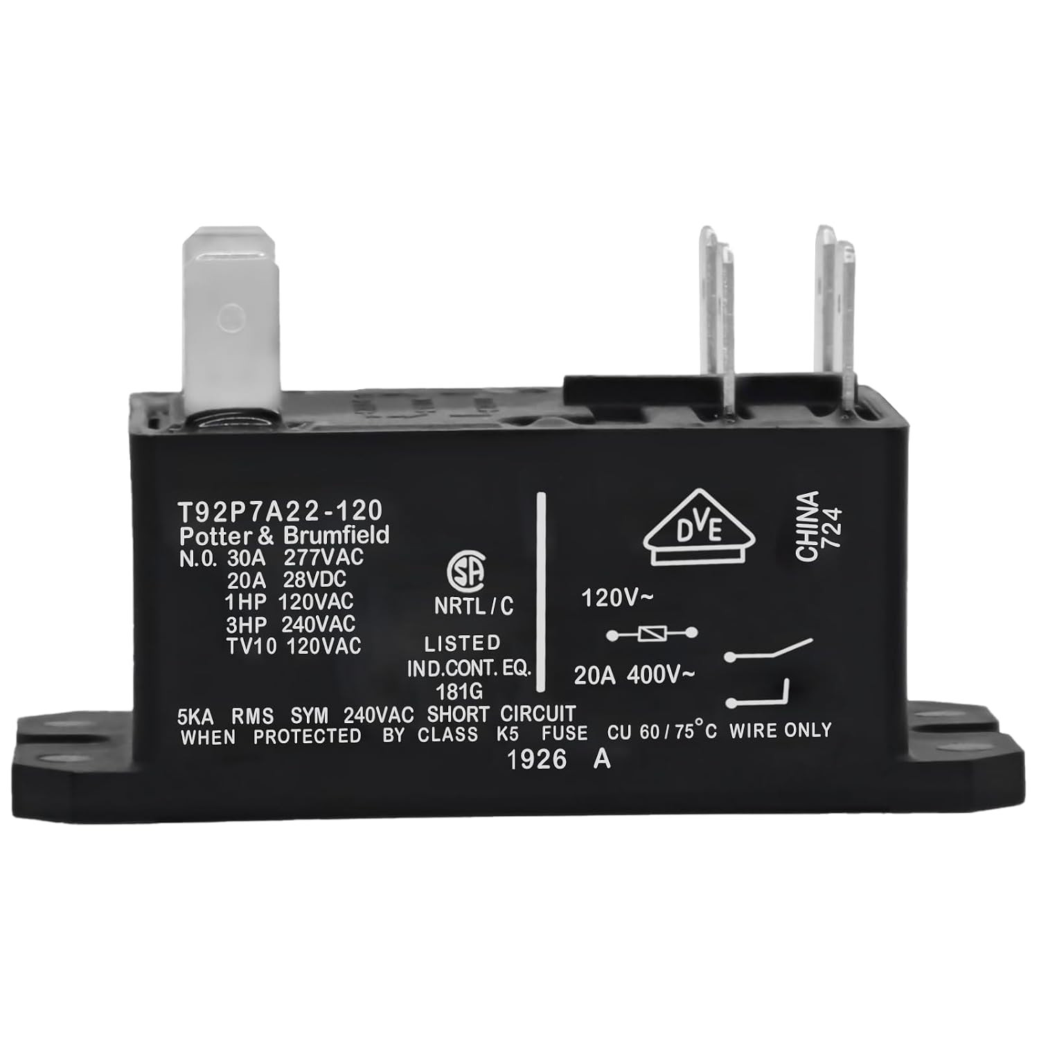 T92P7A22-120 Power Relay (Pack of 2), DPST-NO (2 Form A) – 120VAC, 30A 6-Pins Ge