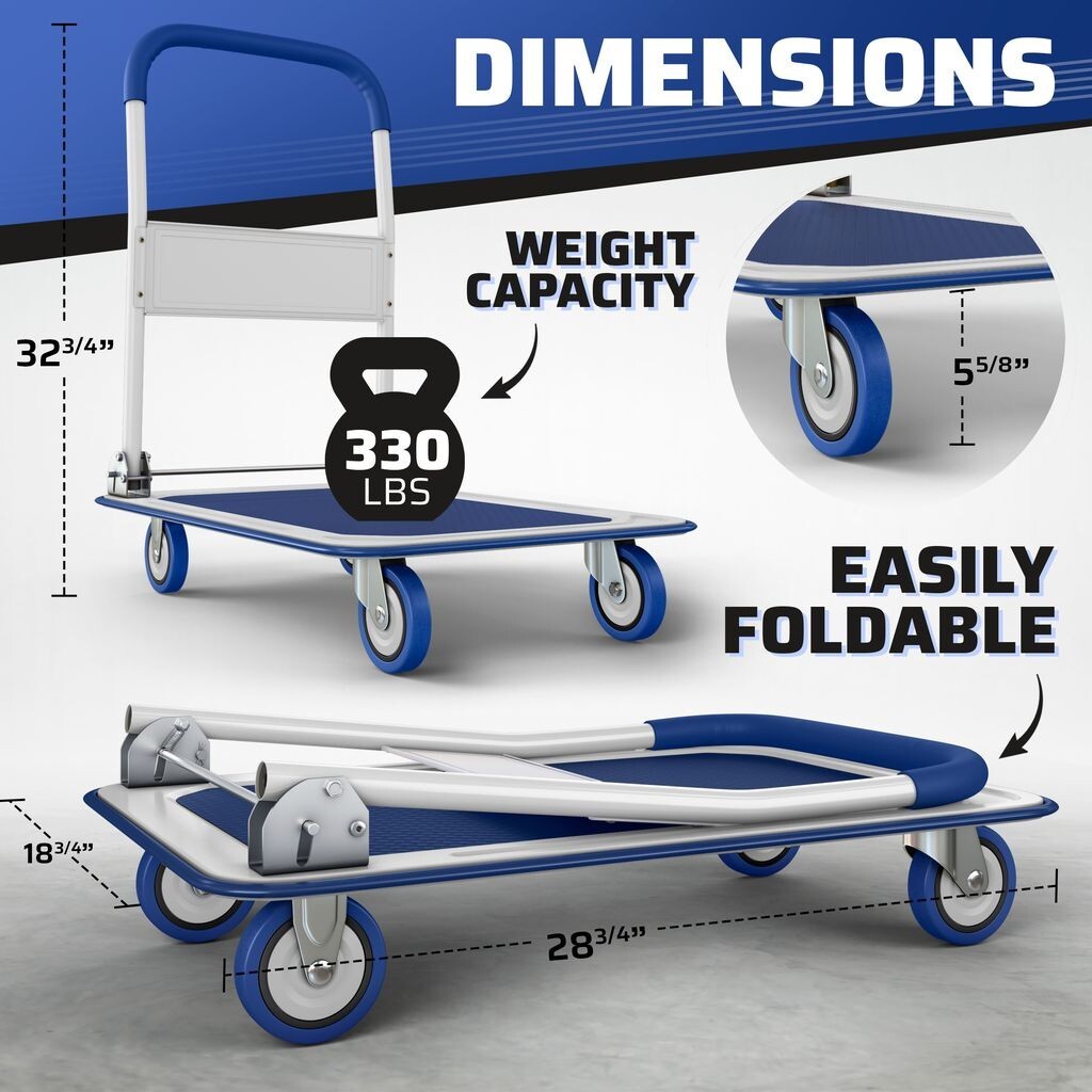 Folding Hand Truck Dolly Cart with Wheels Luggage Cart Trolley Moving 330lbs
